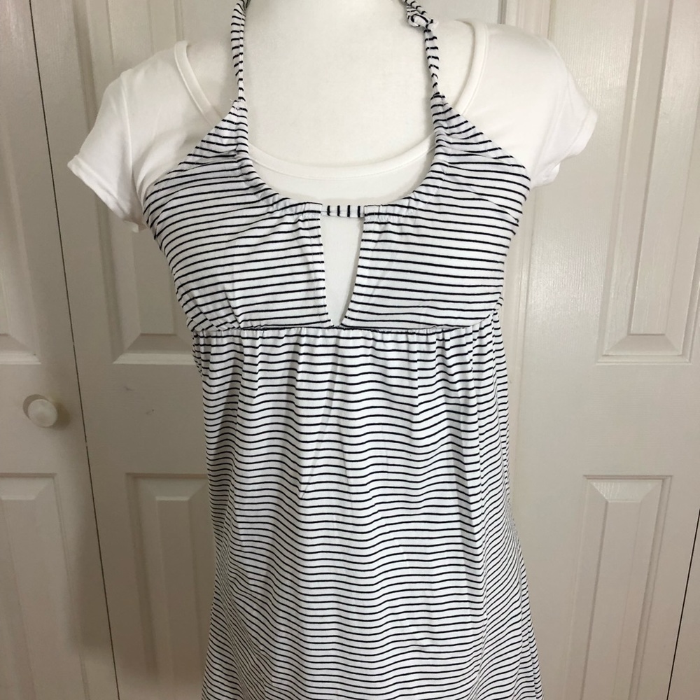 Betty Blue Beach Cotton Dress Navy Blue Stripe.